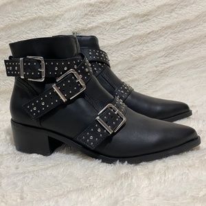 women's black studded buckle motorcycle bootie size 7.5 with 1.5 block heel